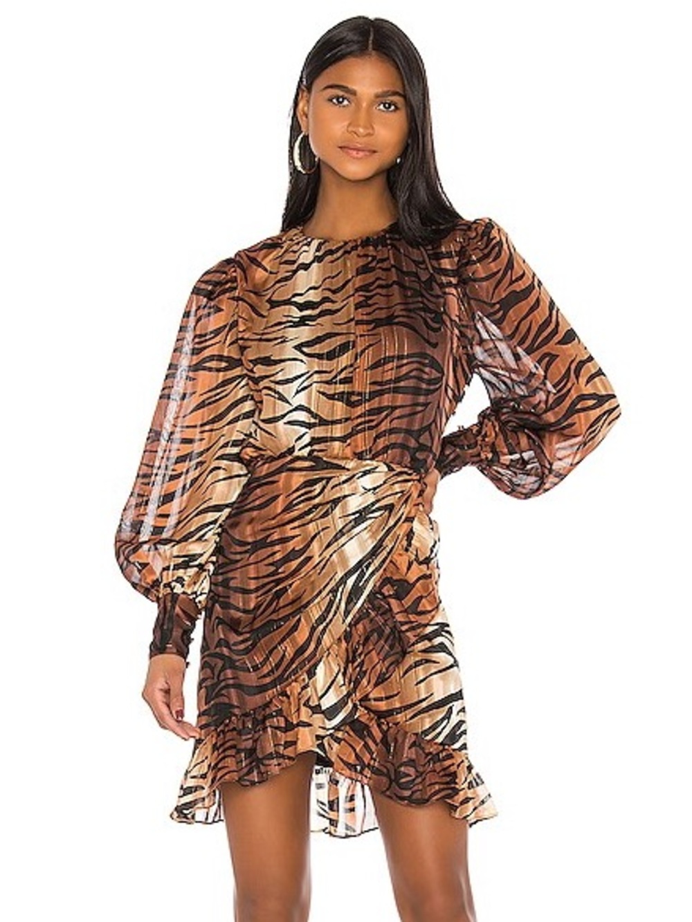 LPA Revolve Sz M Deidre Tiger Metallic Ruffle Feminine Mini Dress